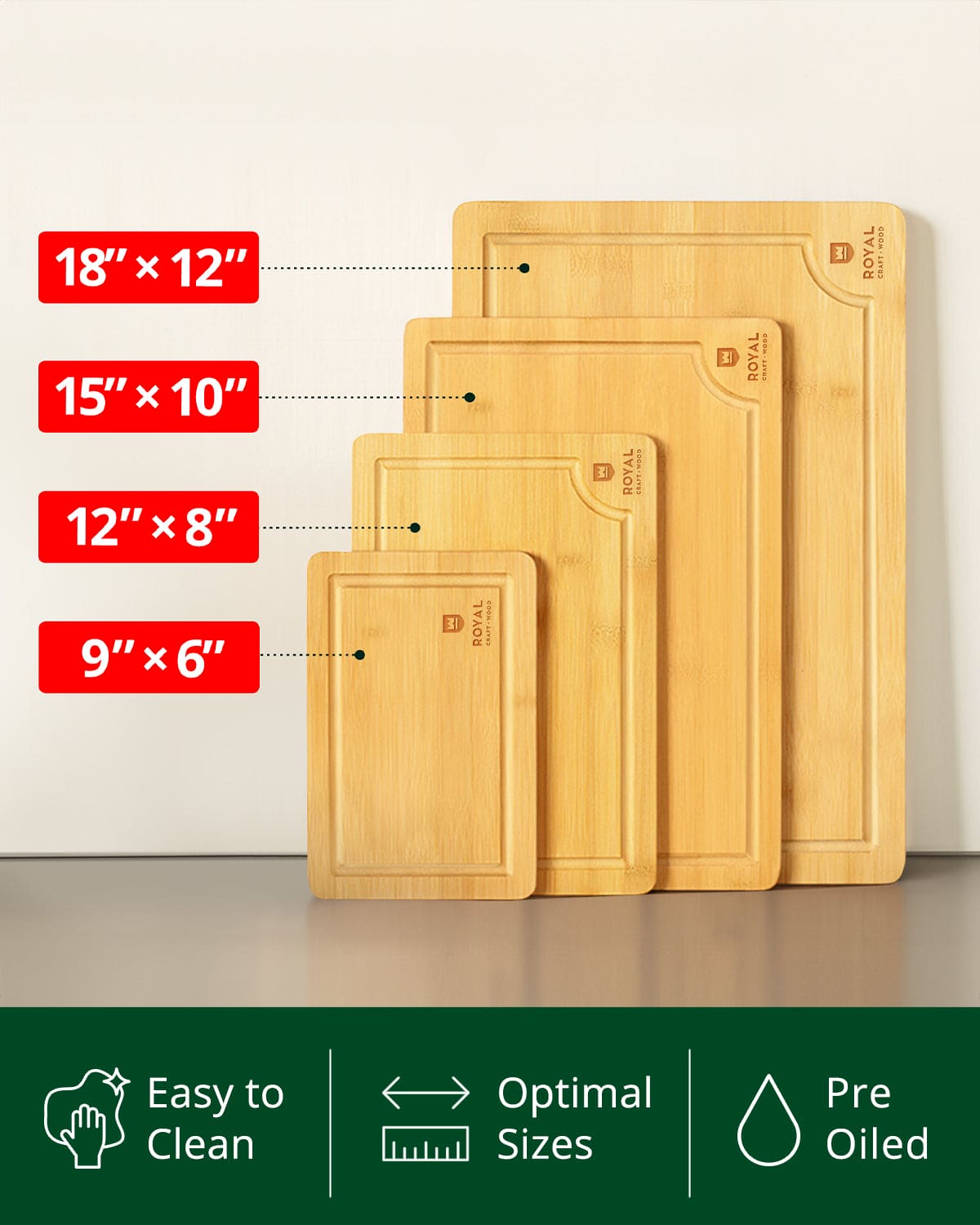 Set of four wooden cutting boards with dimensions and features displayed.