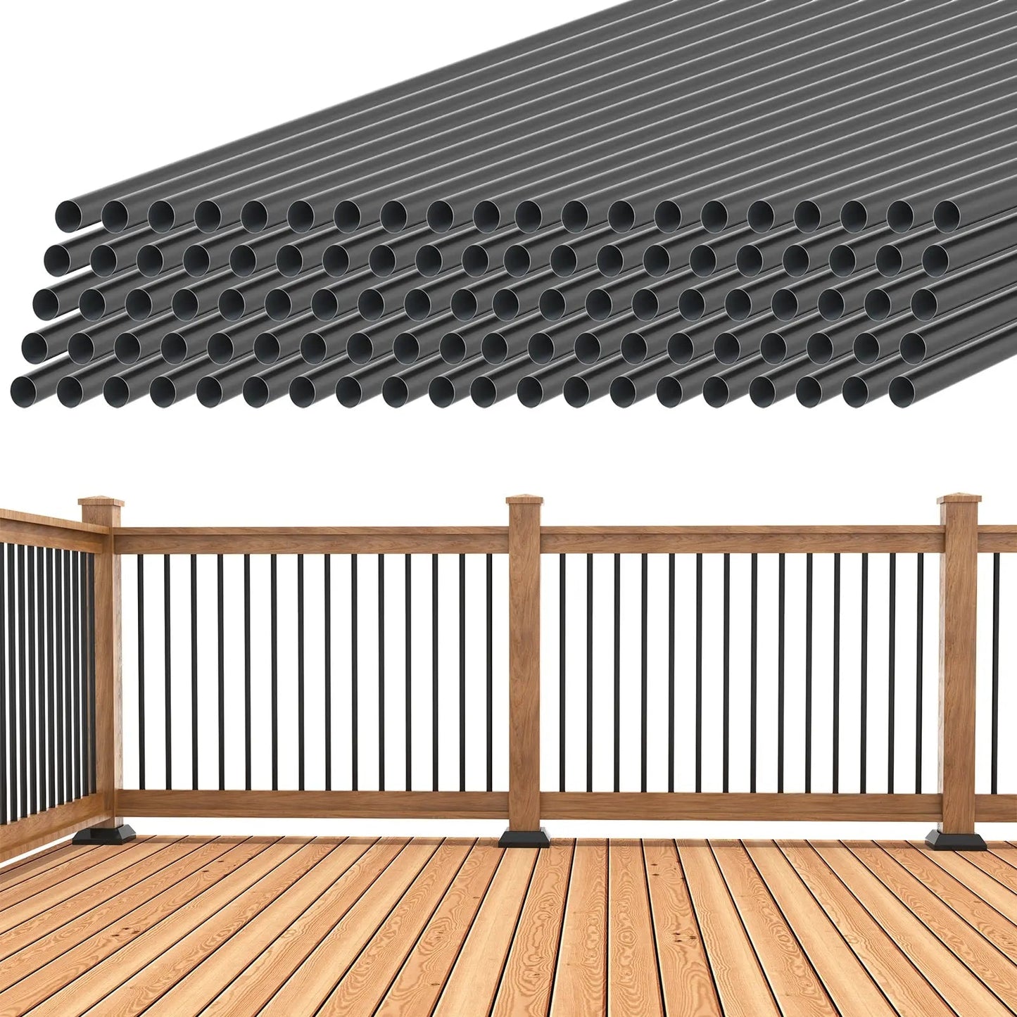Black metal railing system on a wooden deck with a white background