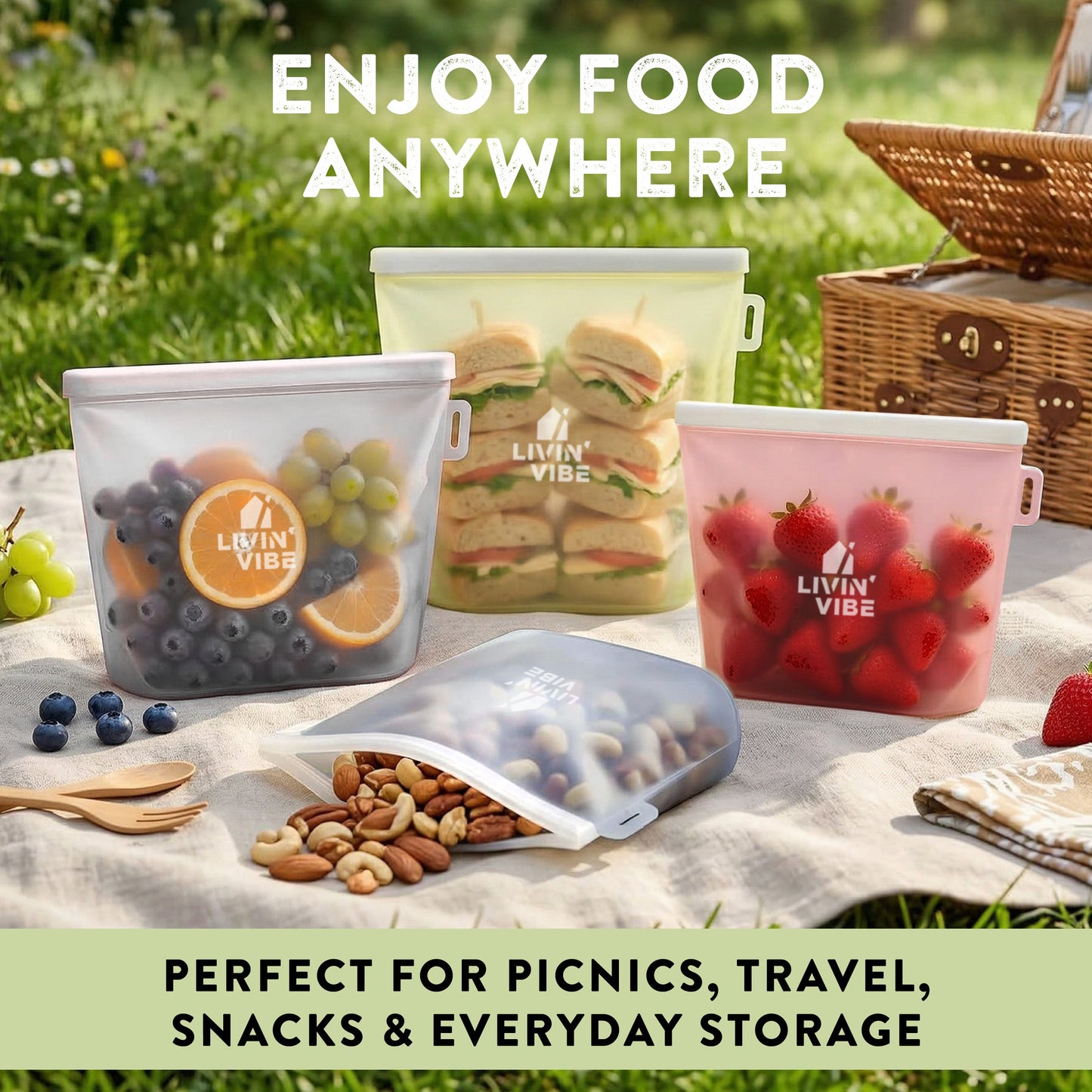 reusable silicone food storage bags set of 4 multicolor leakproof
• BPA free silicone bags for food freezer microwave safe
• eco friendly reusable food bags different sizes meal prep storage
• silicone storage bags oven safe dishwasher safe kitchen swap
• reusable sandwich bags alternative plastic bags low tox kitchen