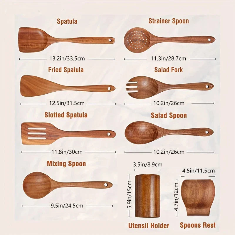 Wooden kitchen utensils with measurements on a white background