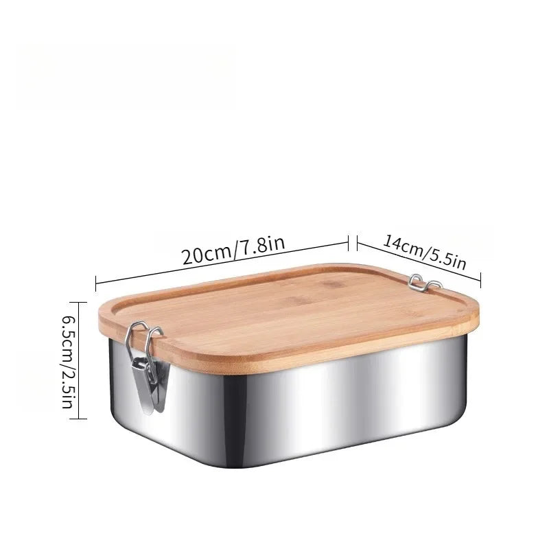 Stainless steel container with wooden lid and measurements on a white background