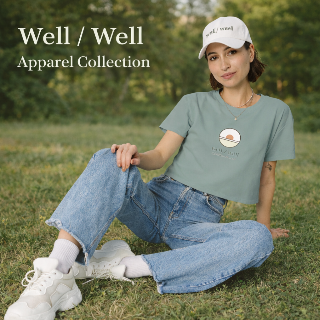 woman in grass with well / well branded clothing on, living her best life