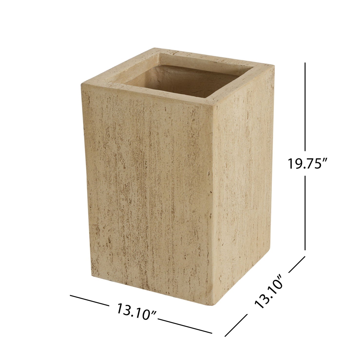 Beige rectangular planter with dimensions on a white background