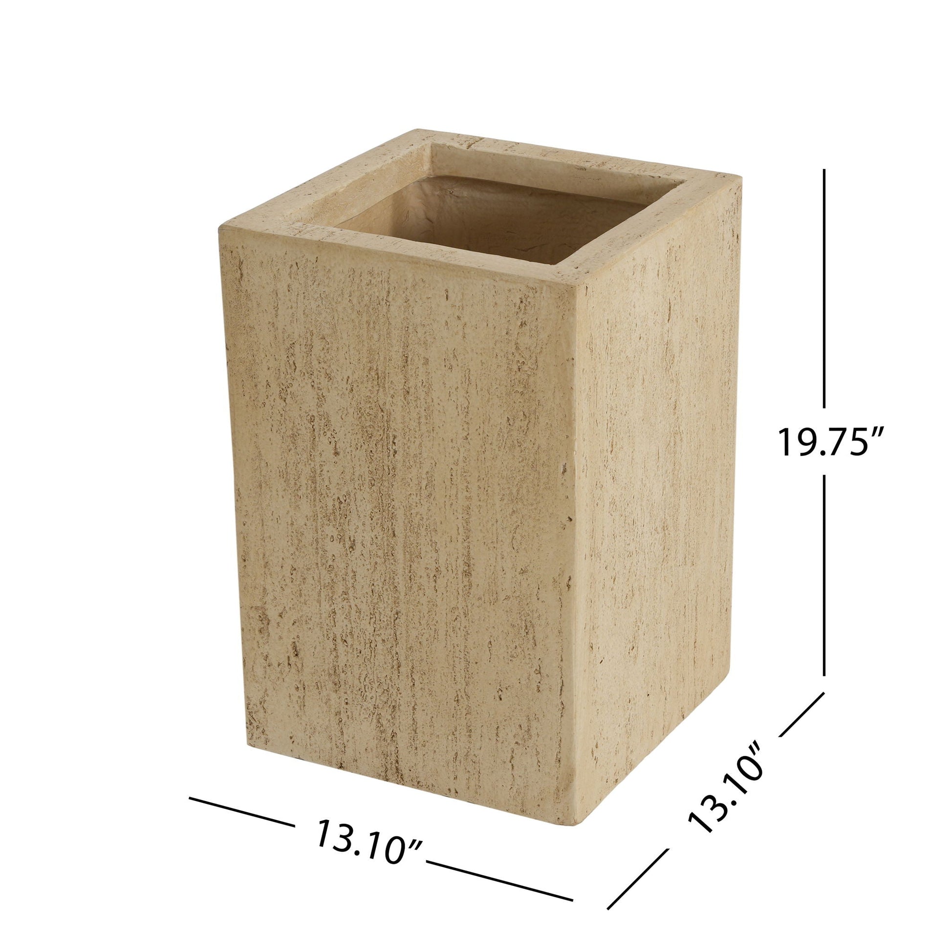 Beige rectangular planter with dimensions on a white background