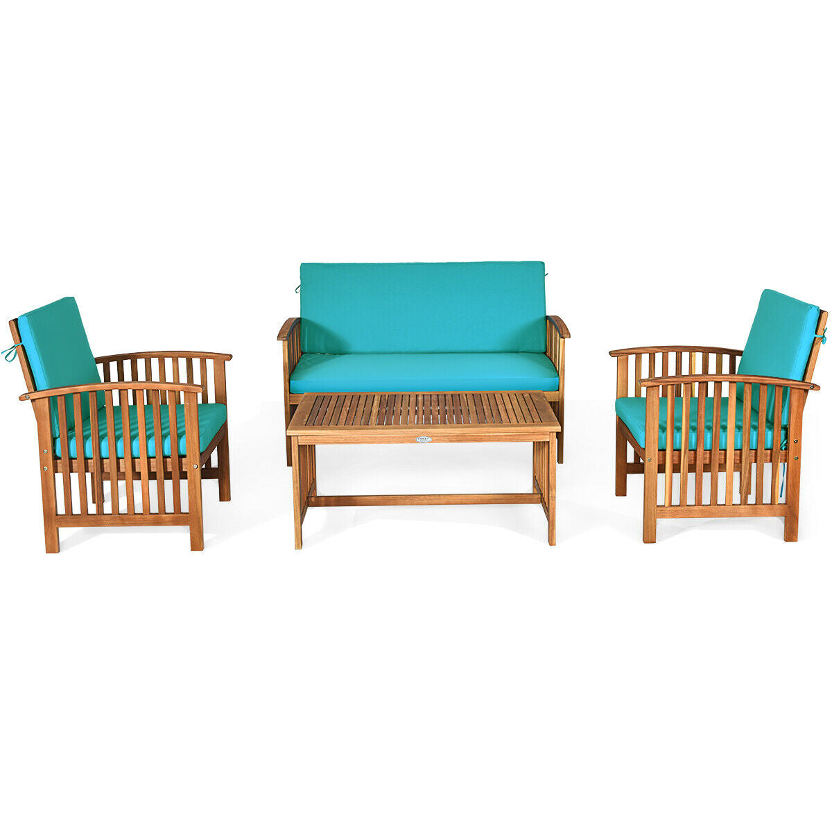 Wooden outdoor furniture set with turquoise cushions on a white background