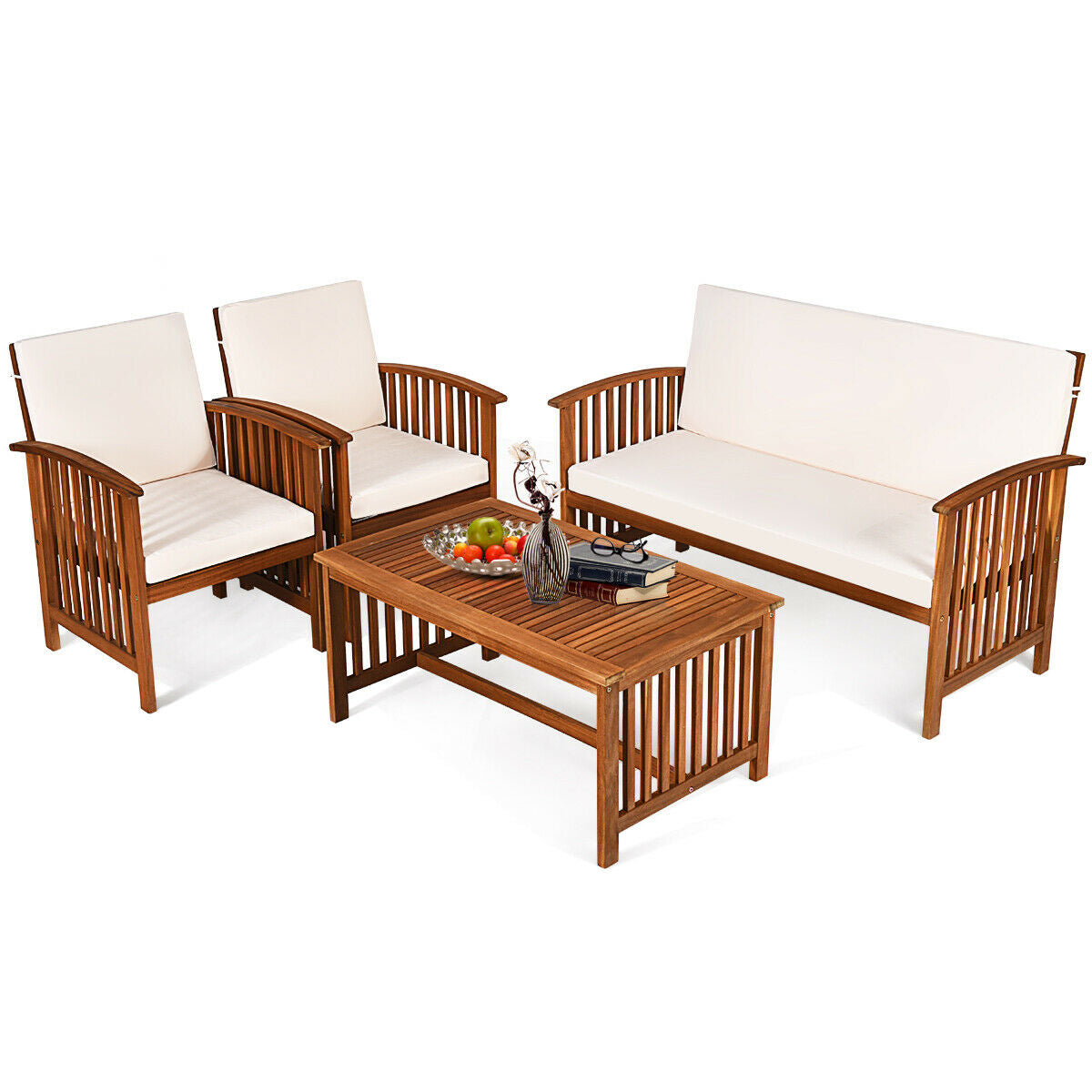 Wooden outdoor furniture set with beige cushions on a white background