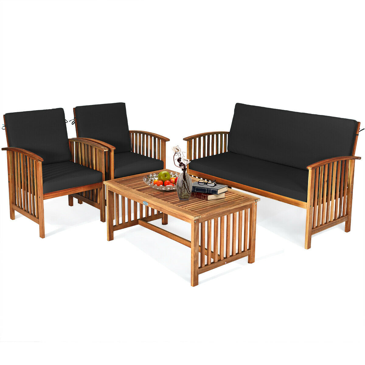 Wooden outdoor furniture set with black cushions on a white background