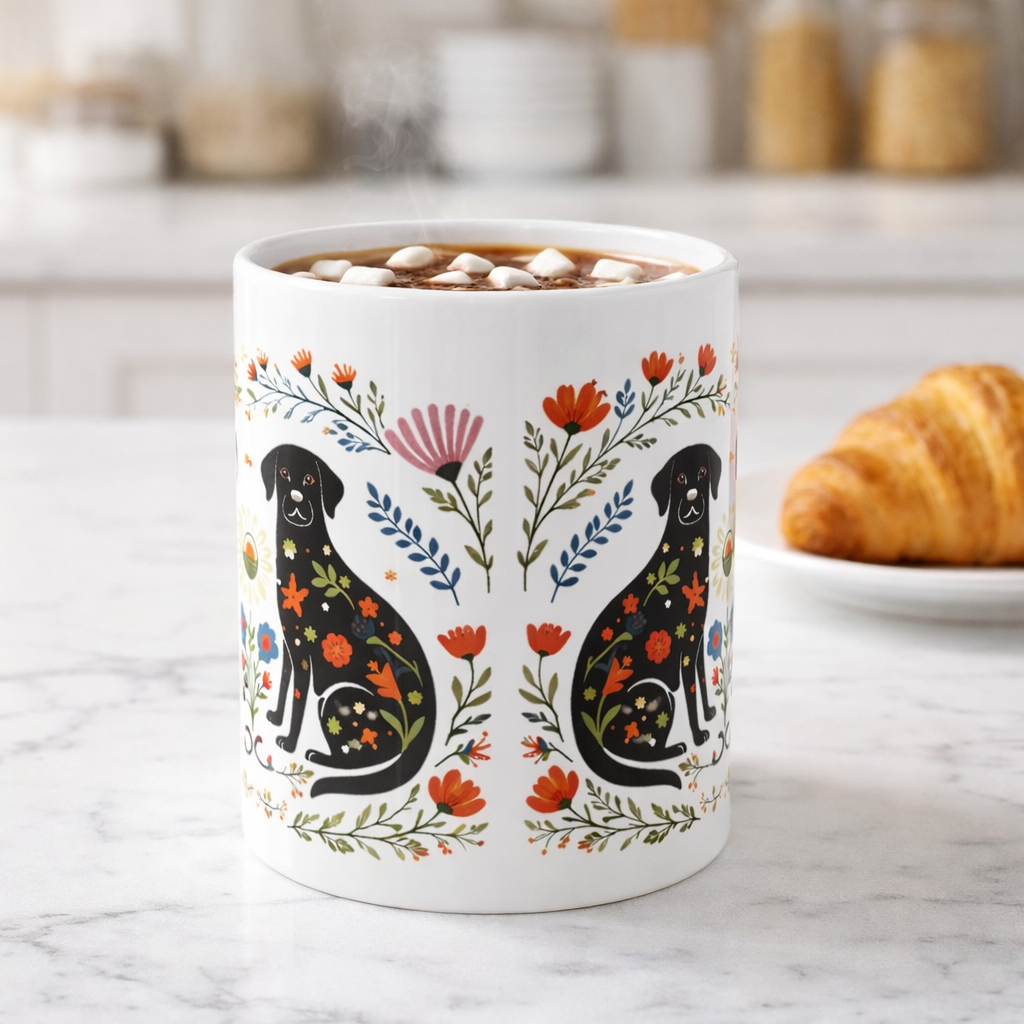 White mug with black dog design and floral patterns on a marble surface with a croissant in the background.