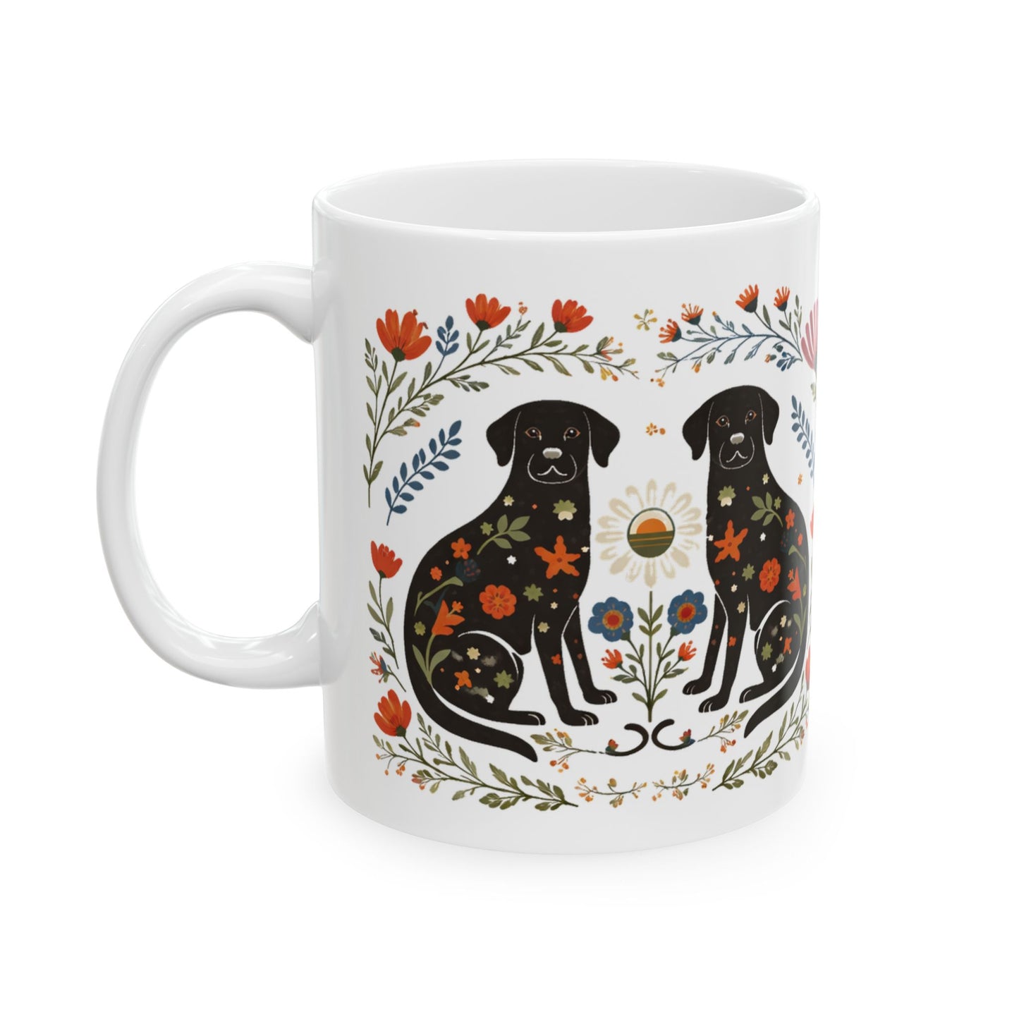 White mug with black labrador design and floral elements on a white background