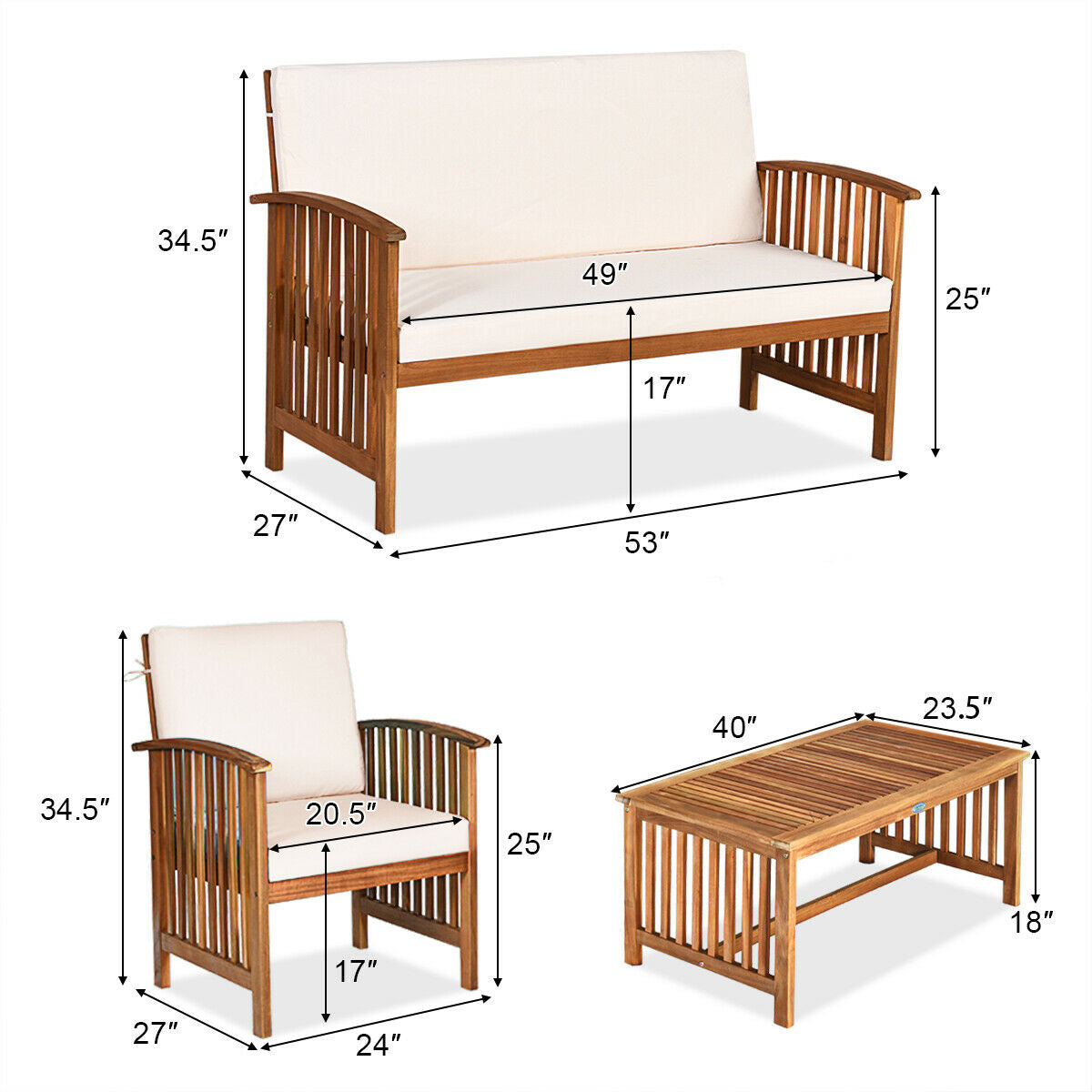 Dimensions of wooden outdoor furniture set with beige cushions on a white background