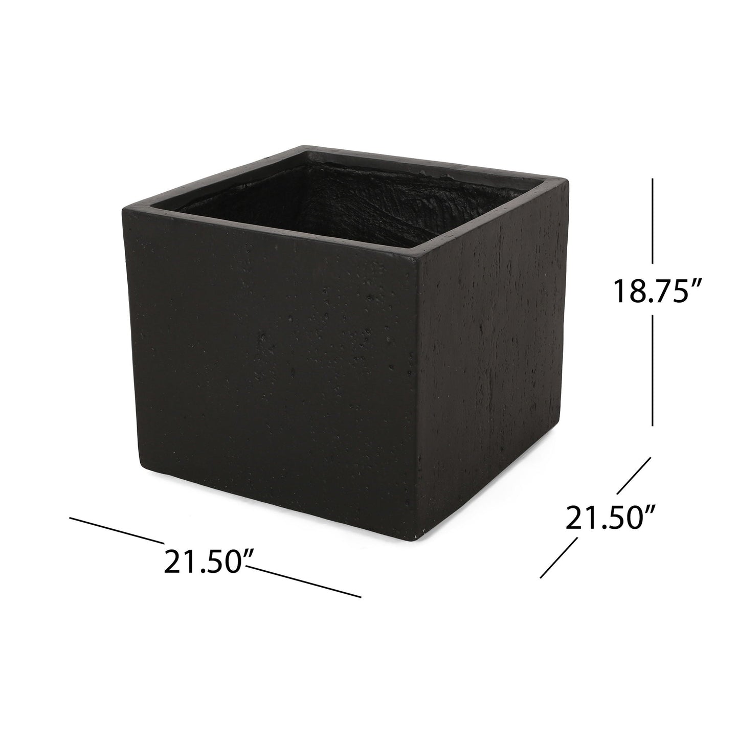 Black square planter with dimensions on a white background