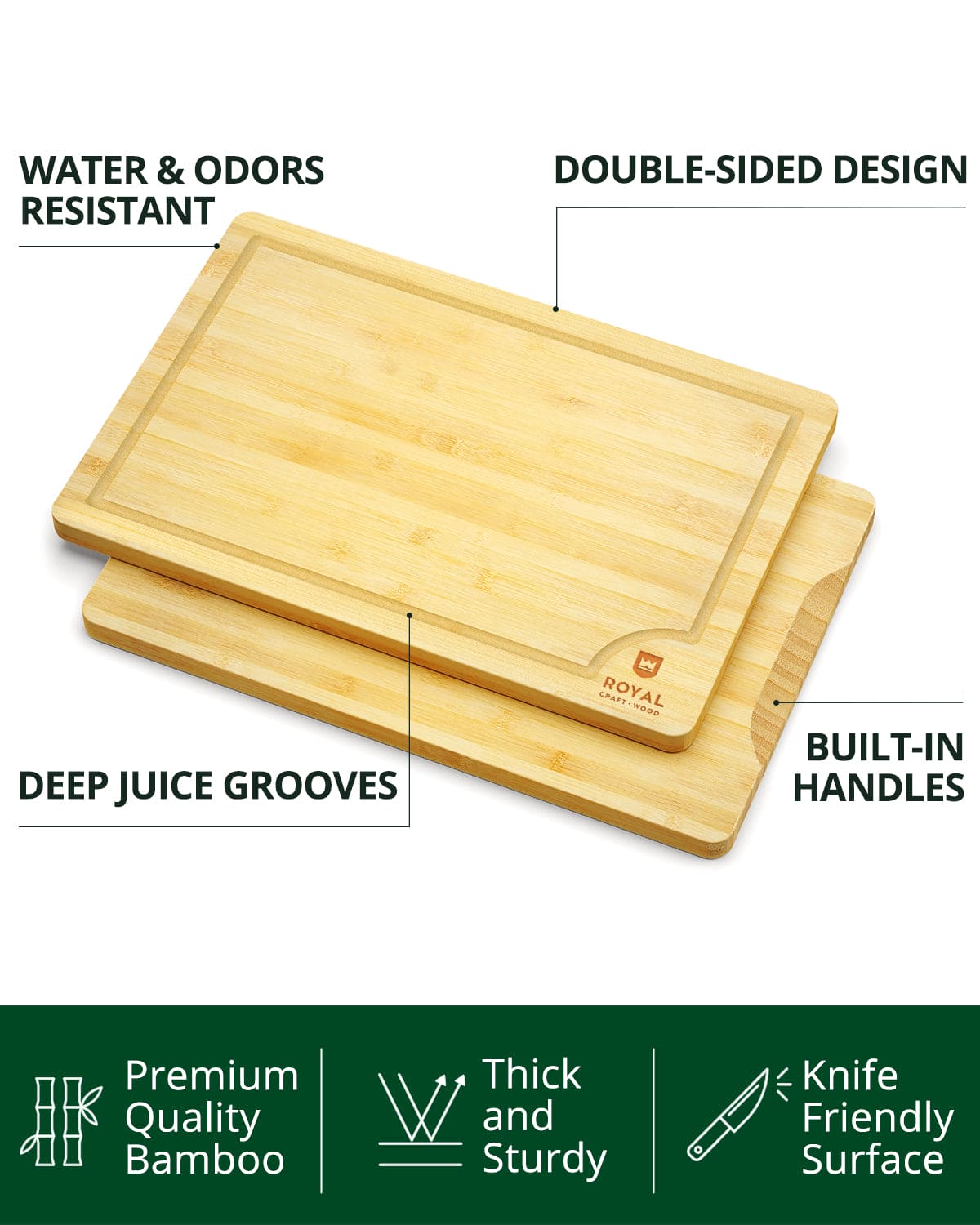 Two wooden cutting boards with features highlighted on a white background