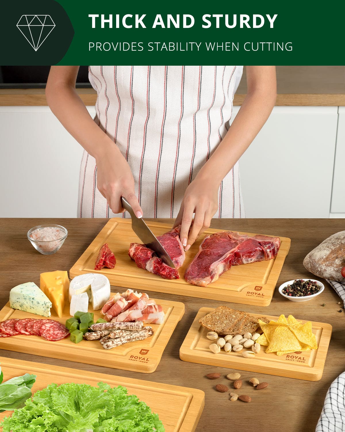 Person cutting meat on a wooden cutting board with text about its thickness and stability.