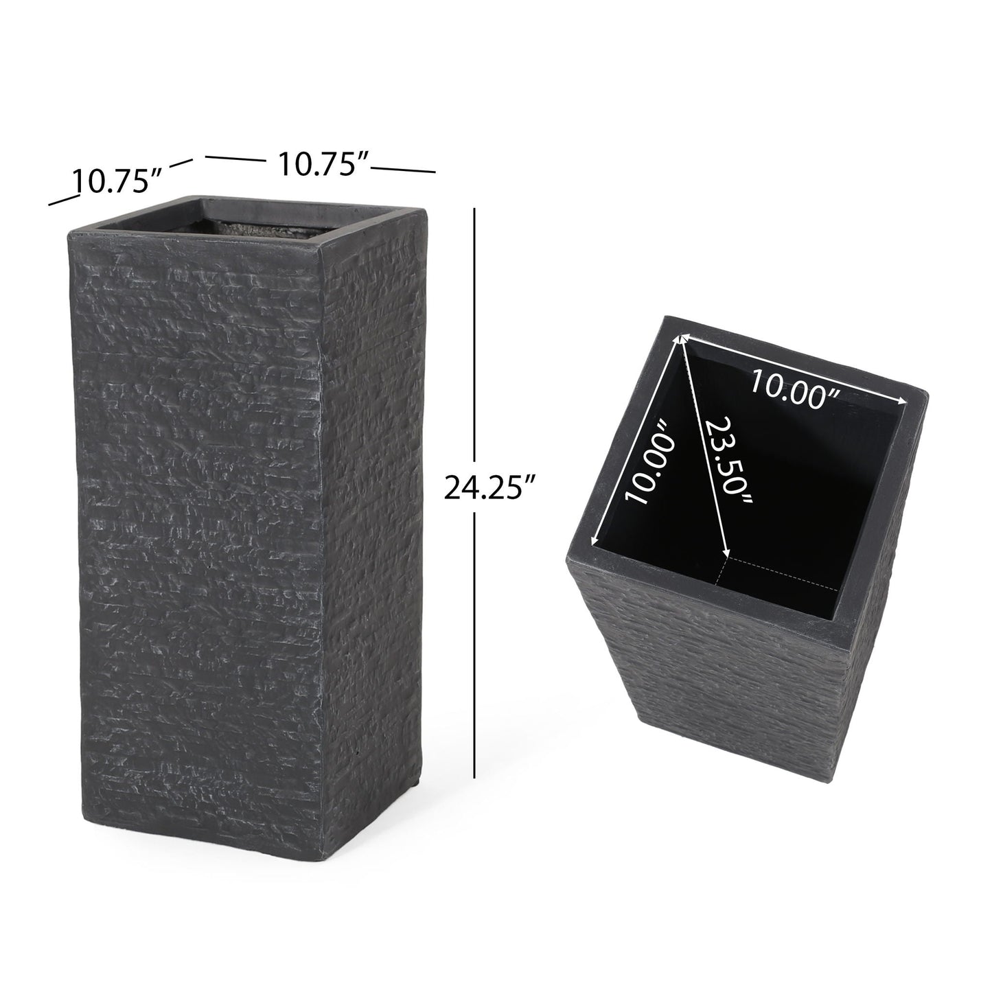 Gray textured planter with dimensions labeled on a white background