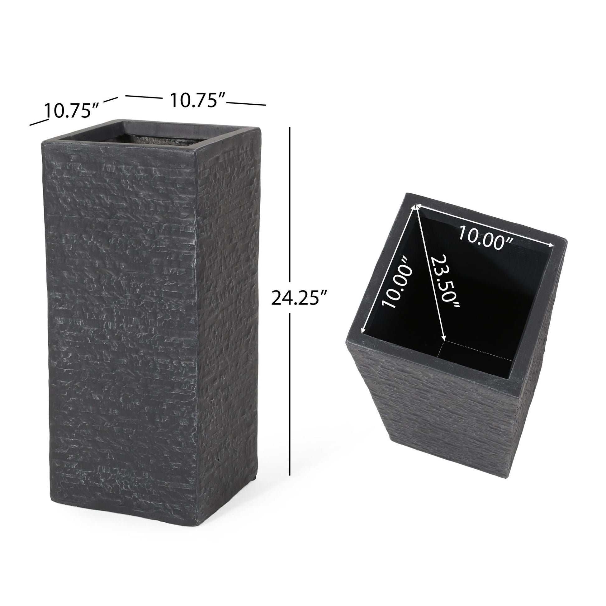 Gray textured planter with dimensions labeled on a white background