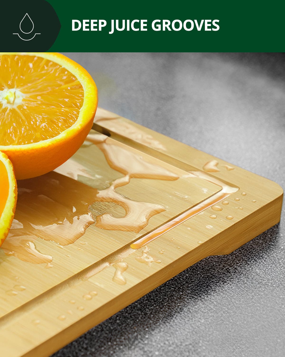 Wooden cutting board with deep juice grooves next to a halved orange on a dark surface.