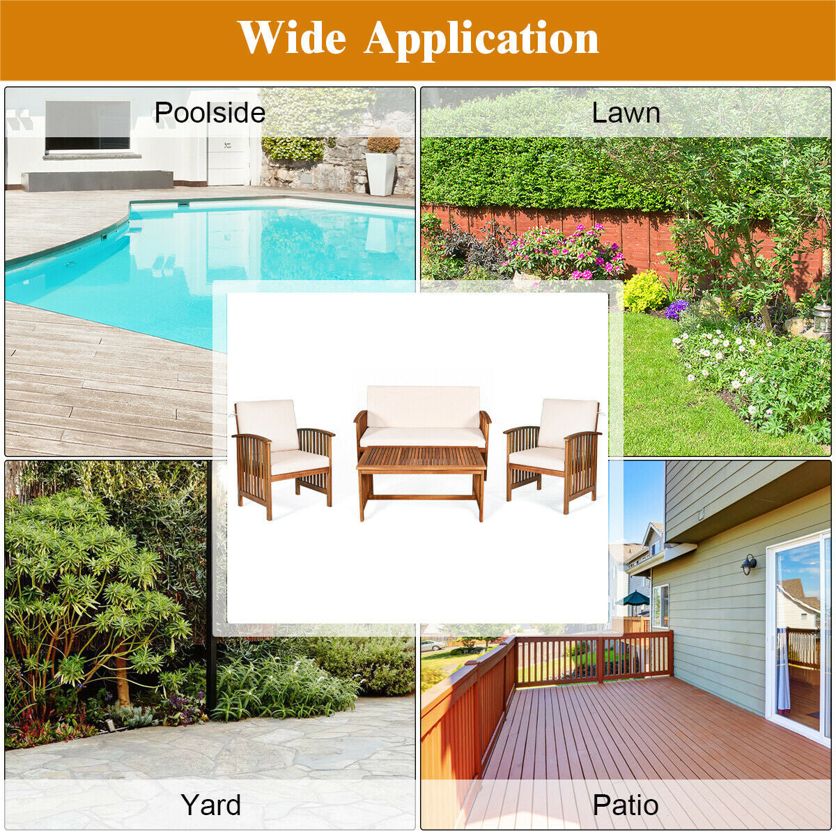 Collage of outdoor settings including poolside, lawn, yard, and patio with text 'Wide Application'.