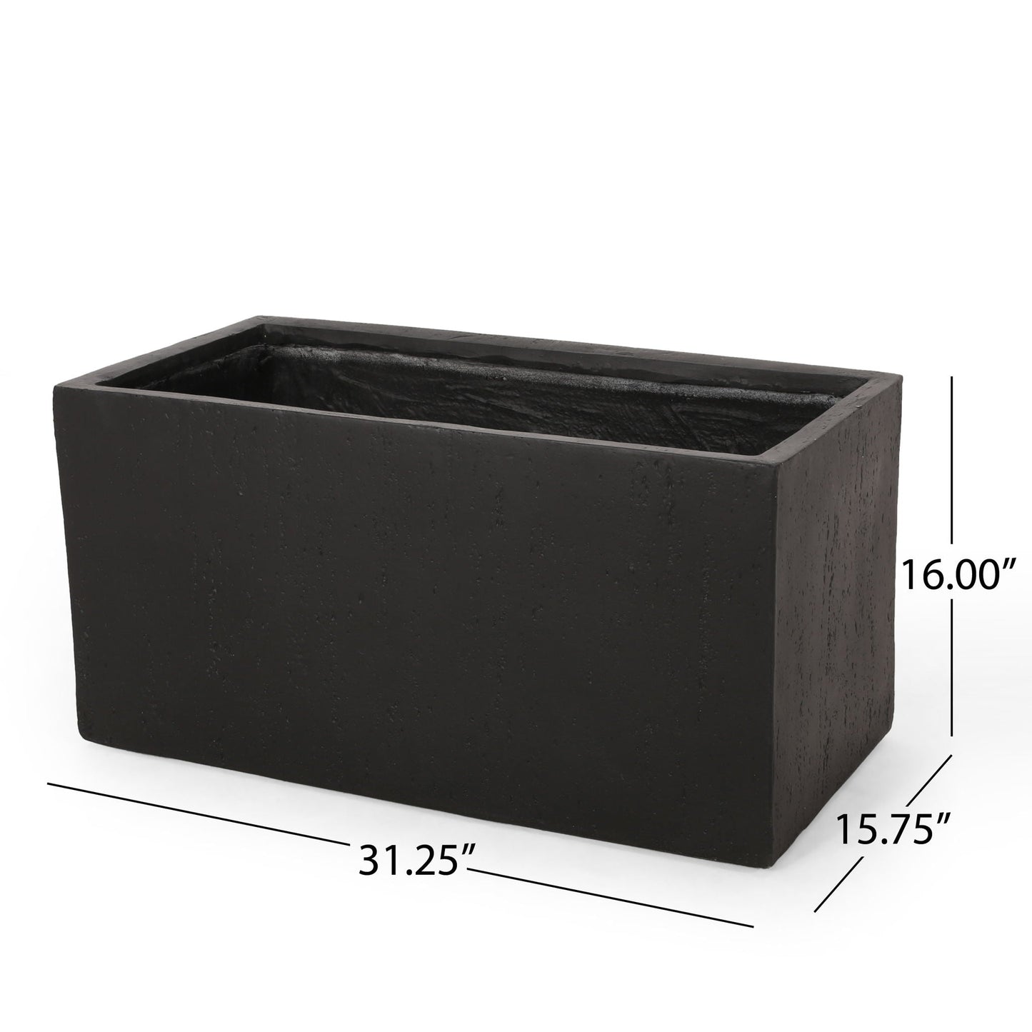 Black rectangular planter with dimensions on a white background