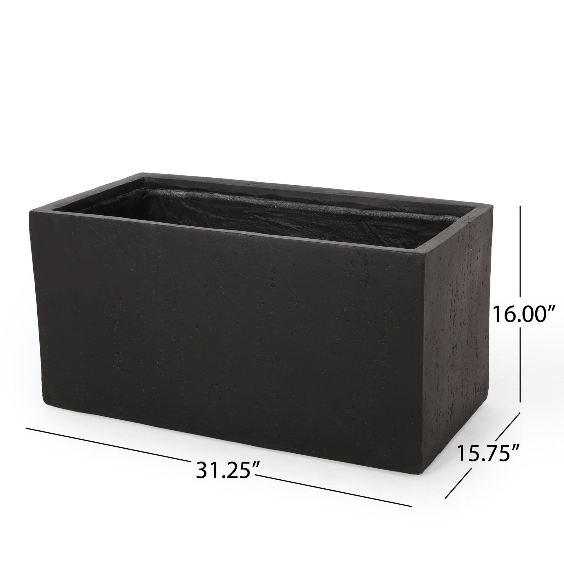 Black rectangular planter with dimensions on a white background