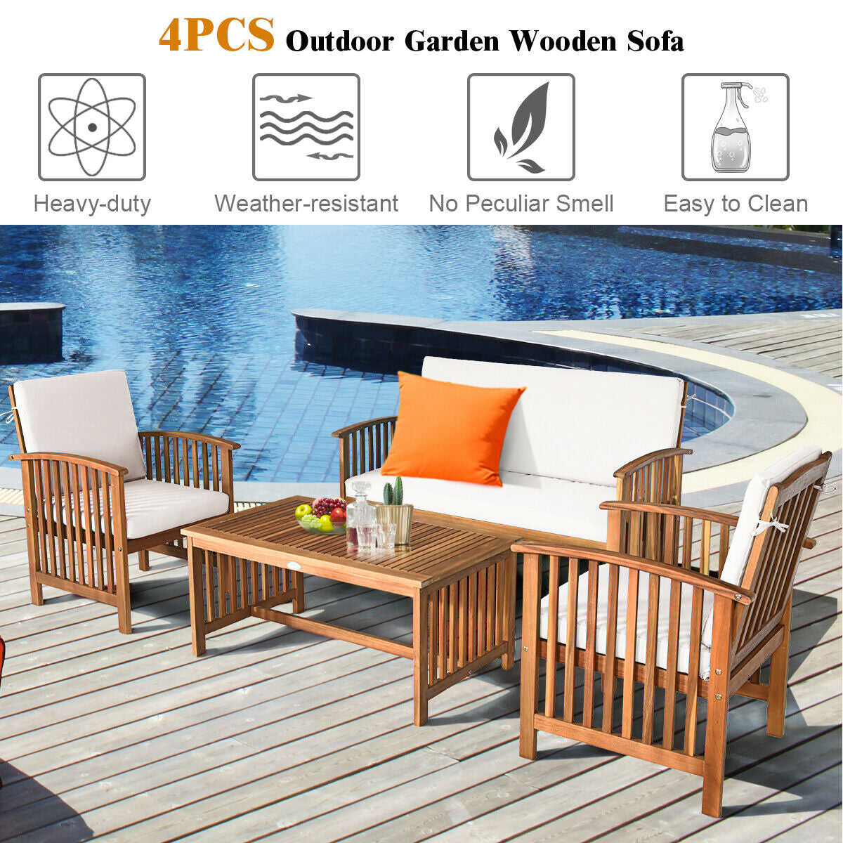 Outdoor garden wooden sofa set with four pieces on a deck by a pool.