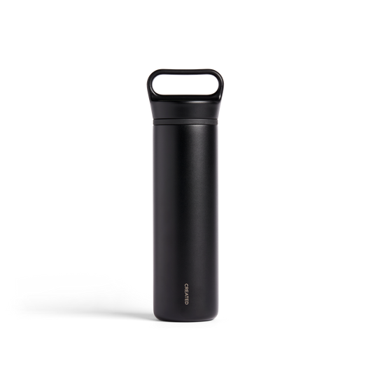 Black insulated bottle with a white background