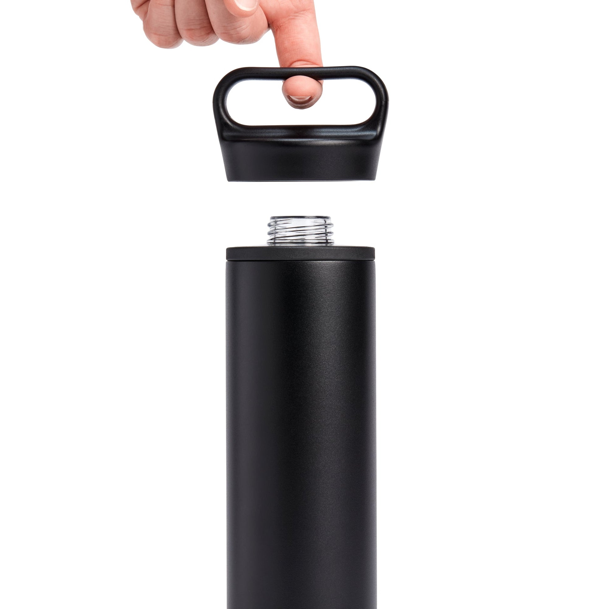 Black water bottle with a hand holding the cap on a white background