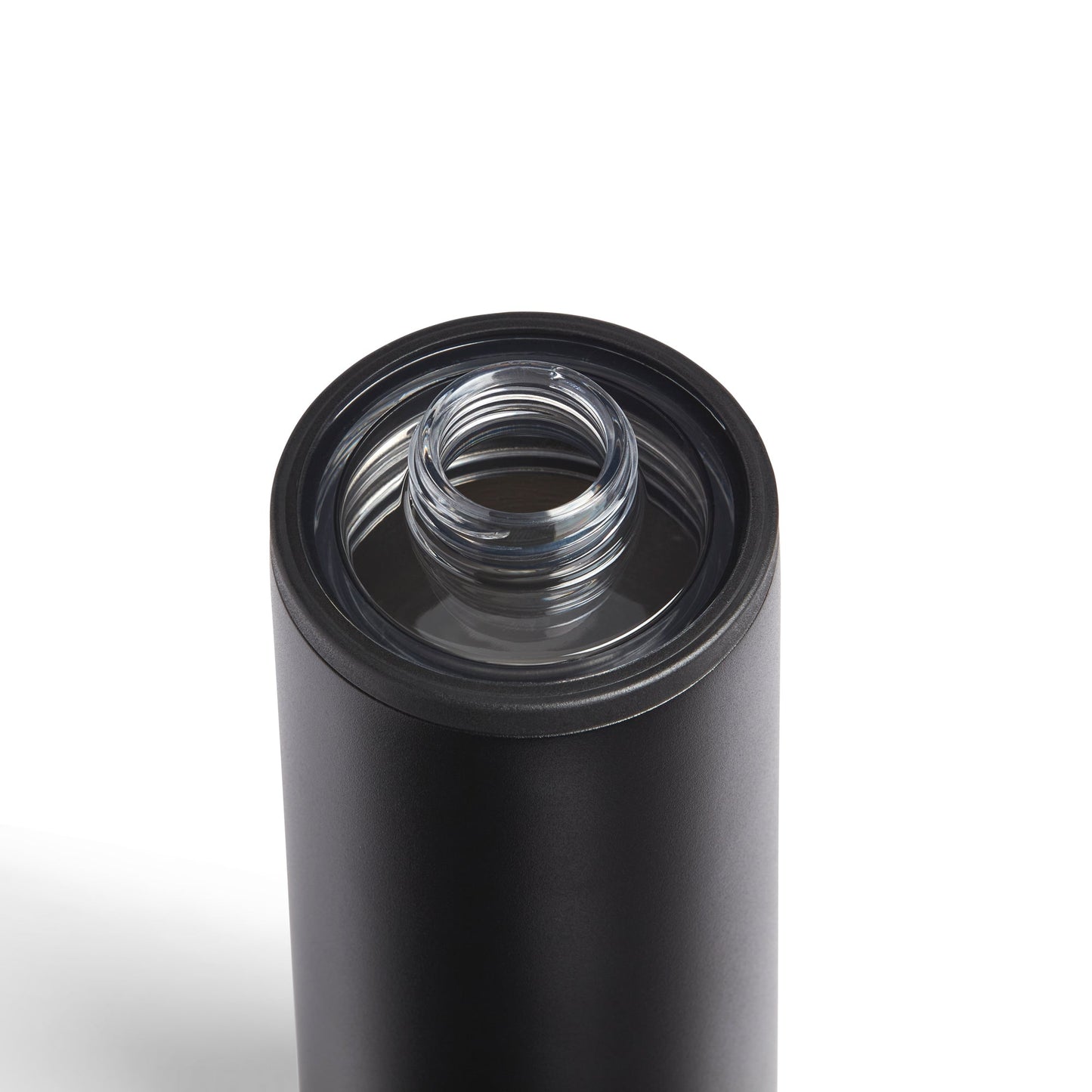 Black insulated tumbler with clear lid on a white background