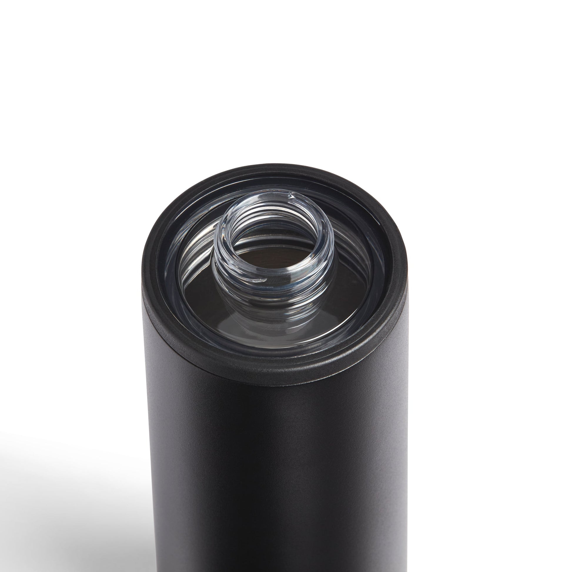 Black insulated tumbler with clear lid on a white background