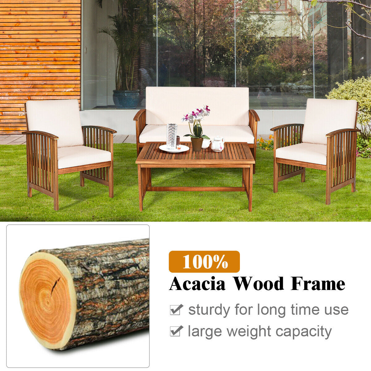 Outdoor furniture set with wooden frame and white cushions, featuring a close-up of an acacia wood log.