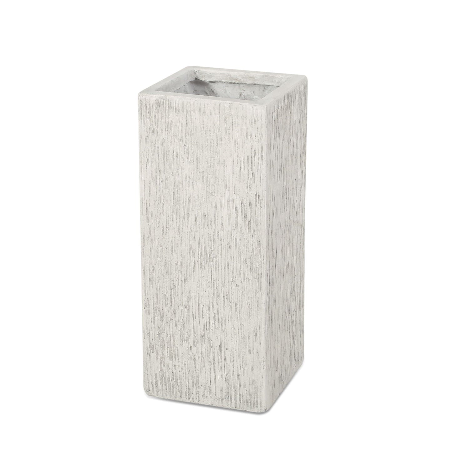 Tall rectangular planter with textured surface on a white background
