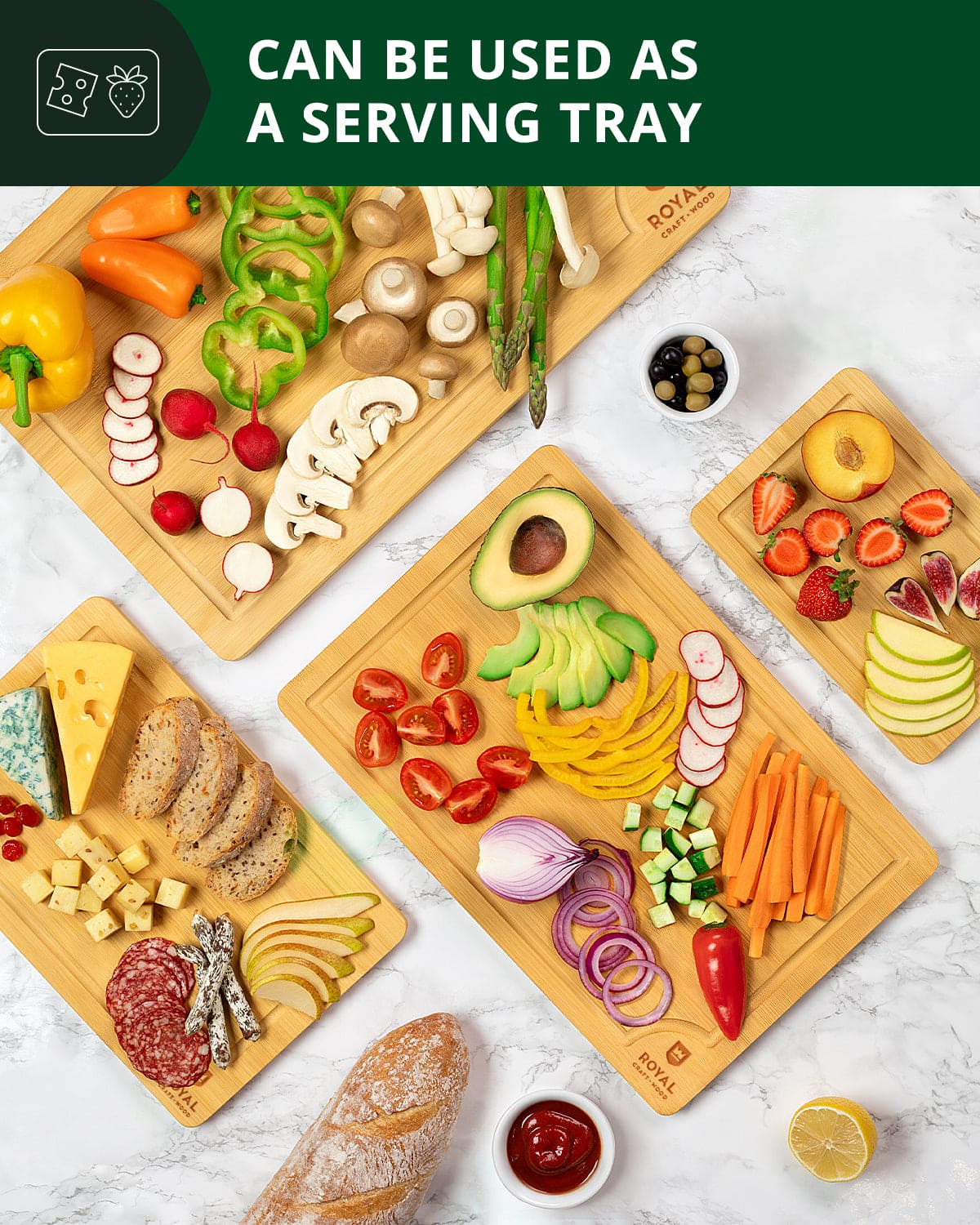 Wooden cutting boards with various food items on a marble surface, labeled as a serving tray option.