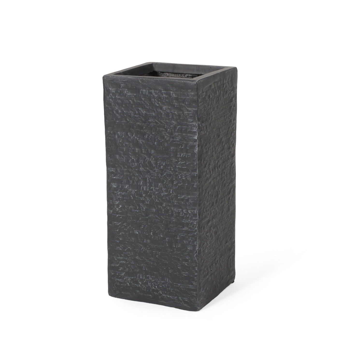 Textured black square planter on a white background