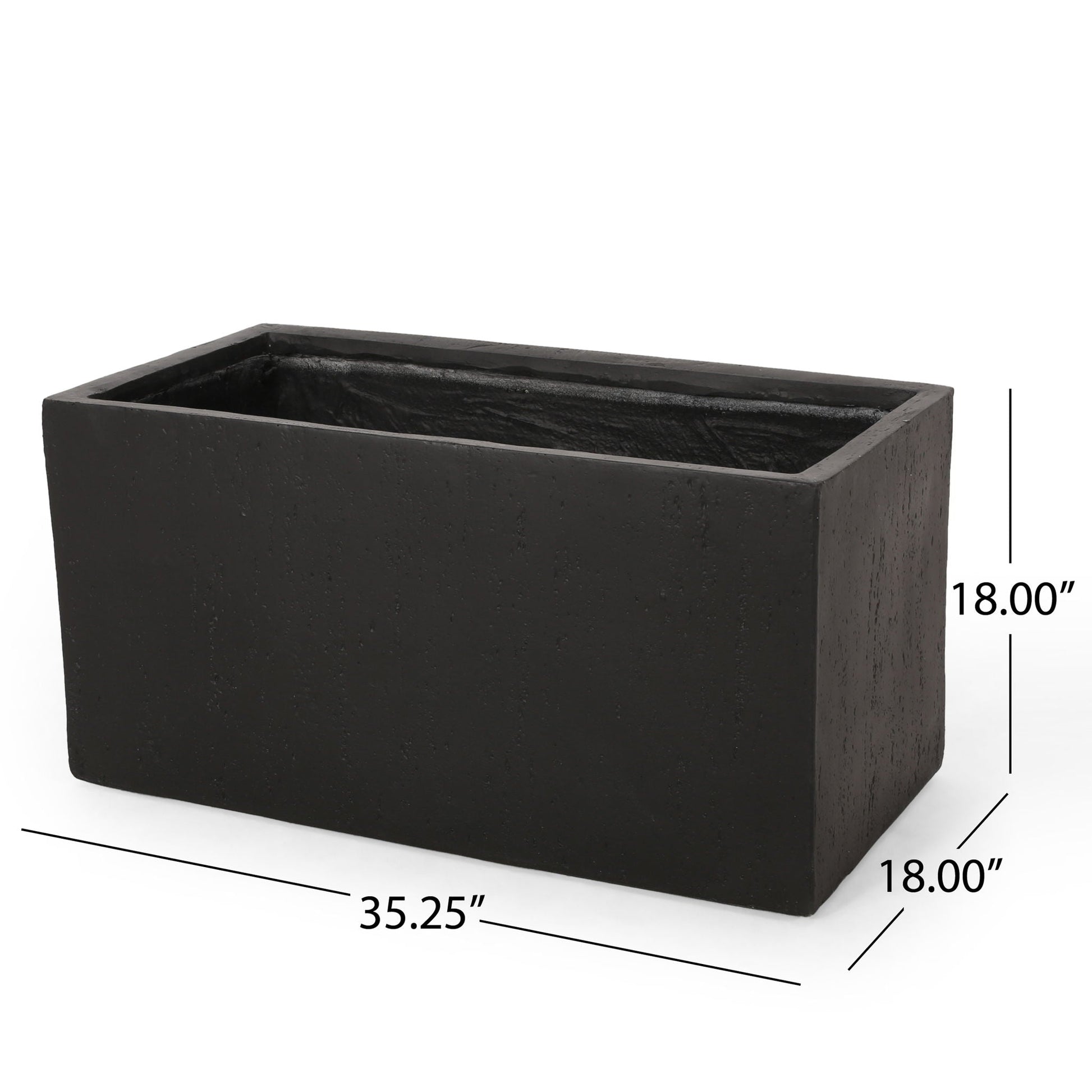 Black rectangular planter with dimensions on a white background