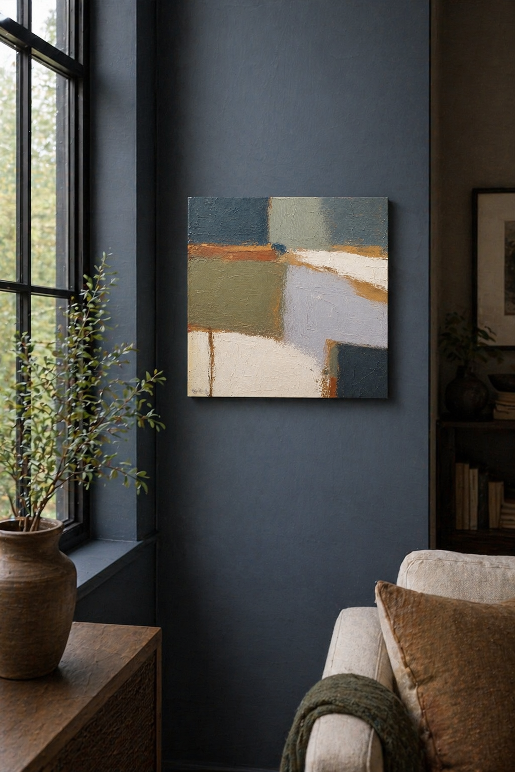 Abstract painting on a blue wall above a sofa with a window and plant in the background