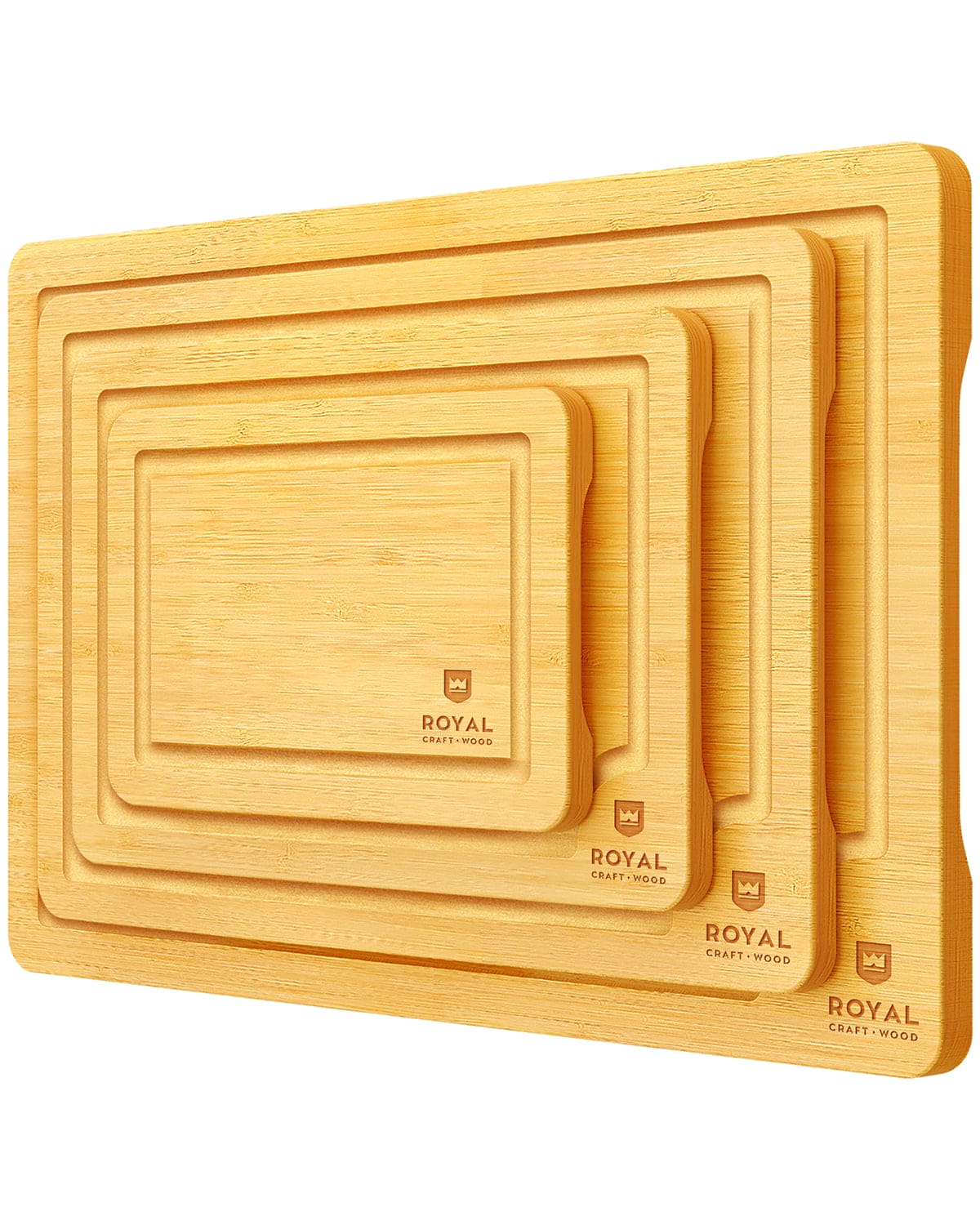 Set of wooden cutting boards with 'Royal Craft Wood' branding on a white background