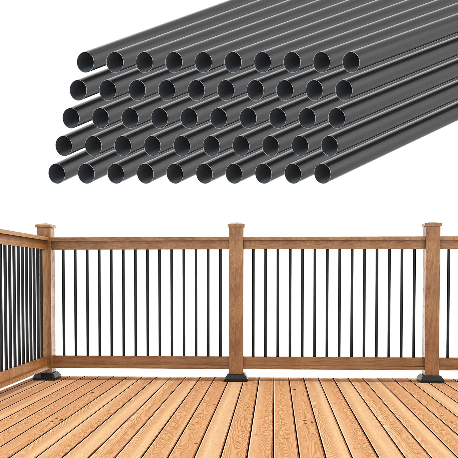 Black metal pipes stacked above a wooden deck with railing