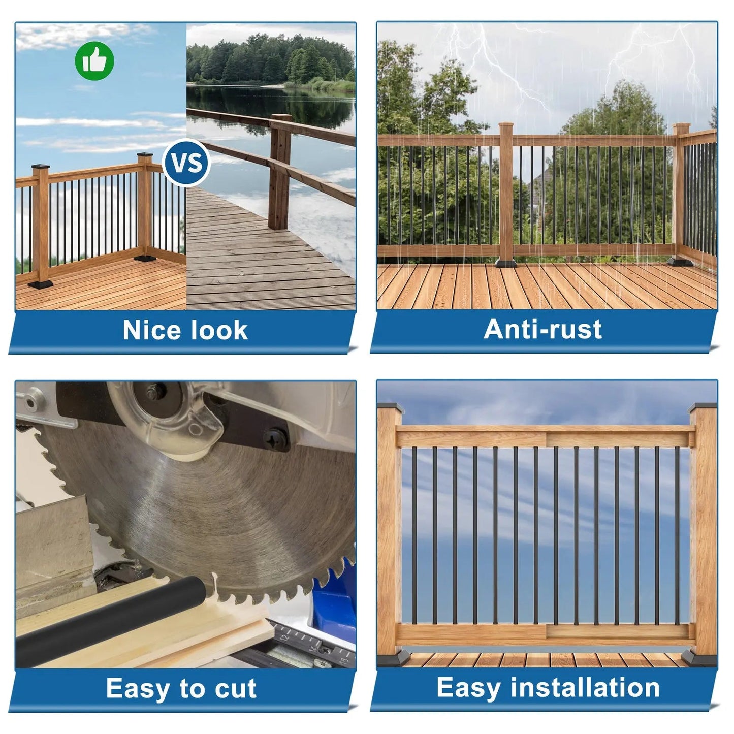 Comparison of wooden deck features with text labels on a scenic background.