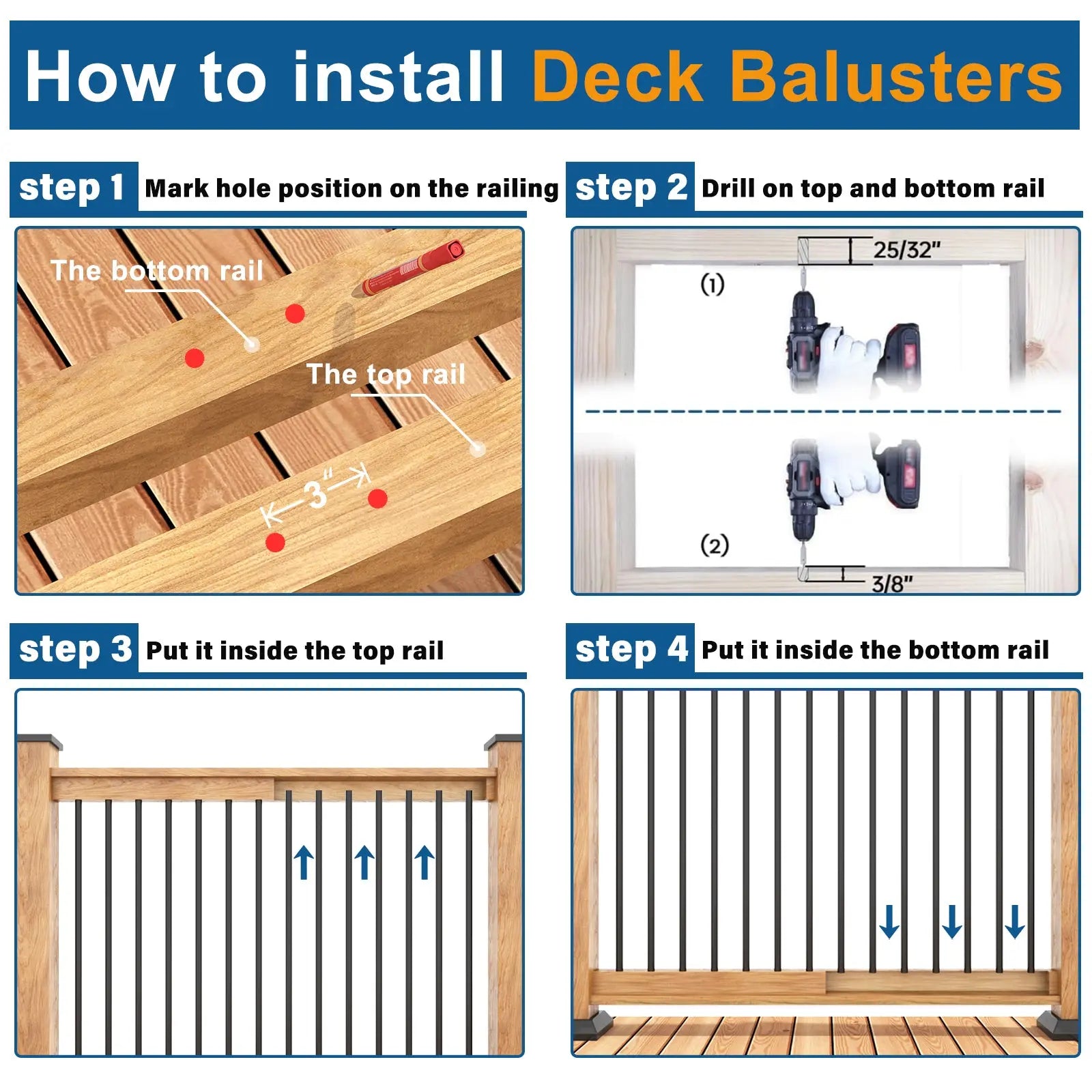 Step-by-step guide on how to install deck balusters with labeled images and text.