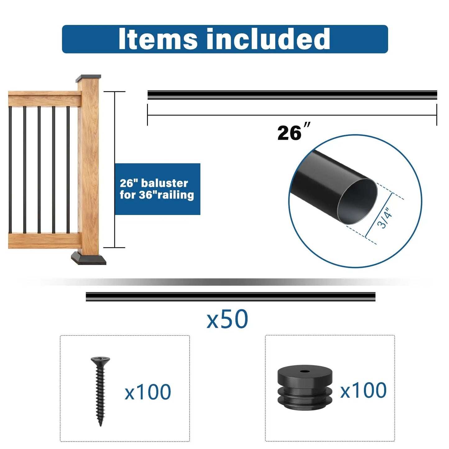 Railing installation kit with components and measurements on a white background