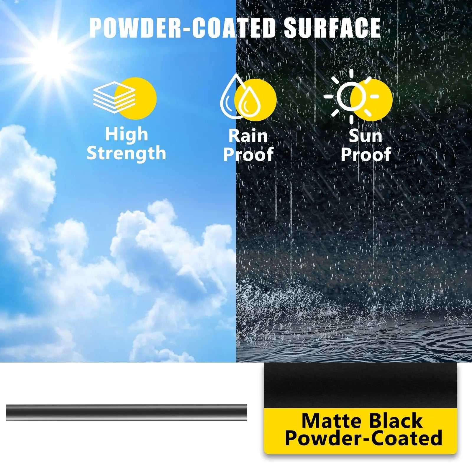 Matte black powder-coated surface with high strength, rain proof, and sun proof features.