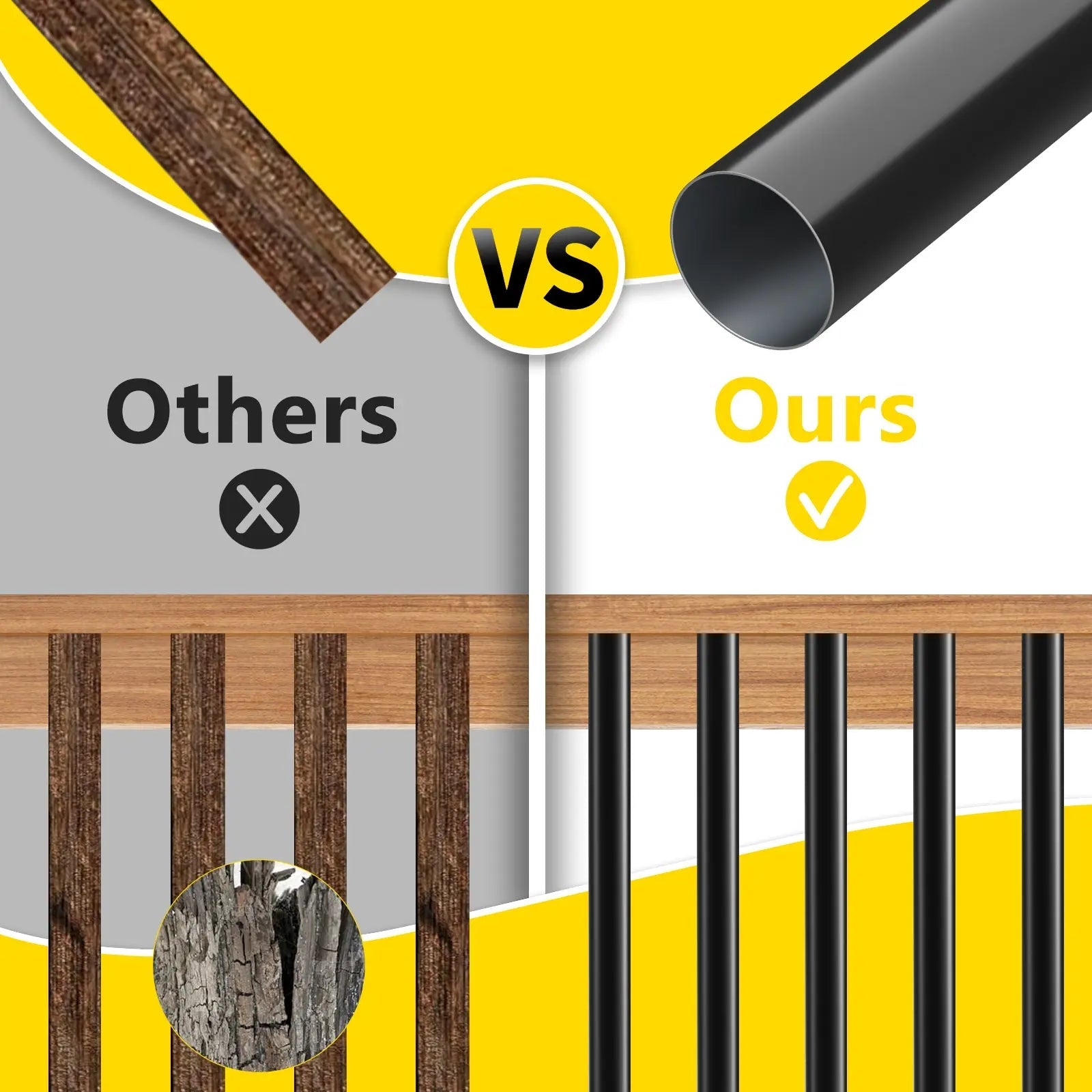 Comparison between 'Others' and 'Ours' with a black metal tube and wooden slats on a yellow and gray background.