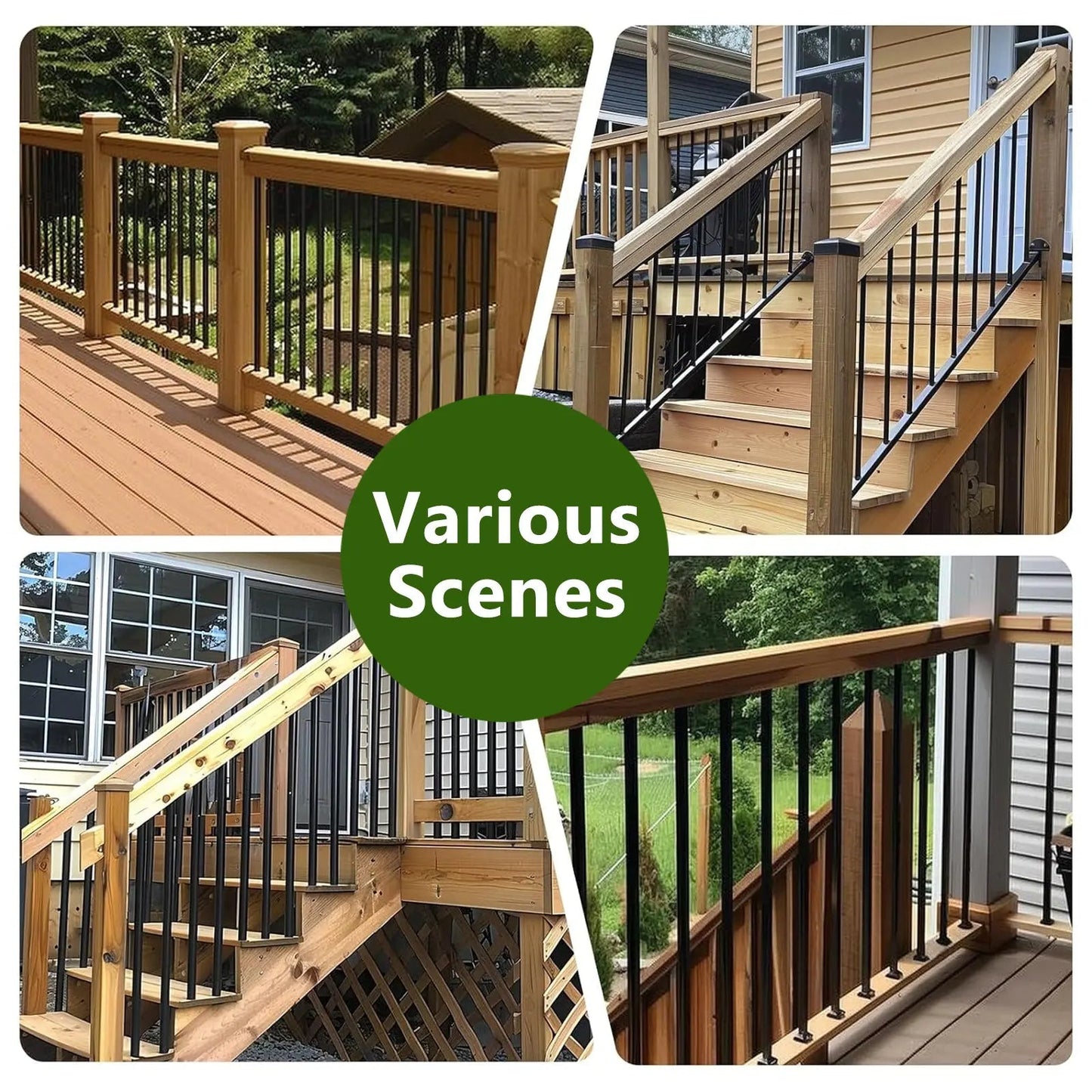 Collage of wooden deck with railings and stairs, featuring various scenes.