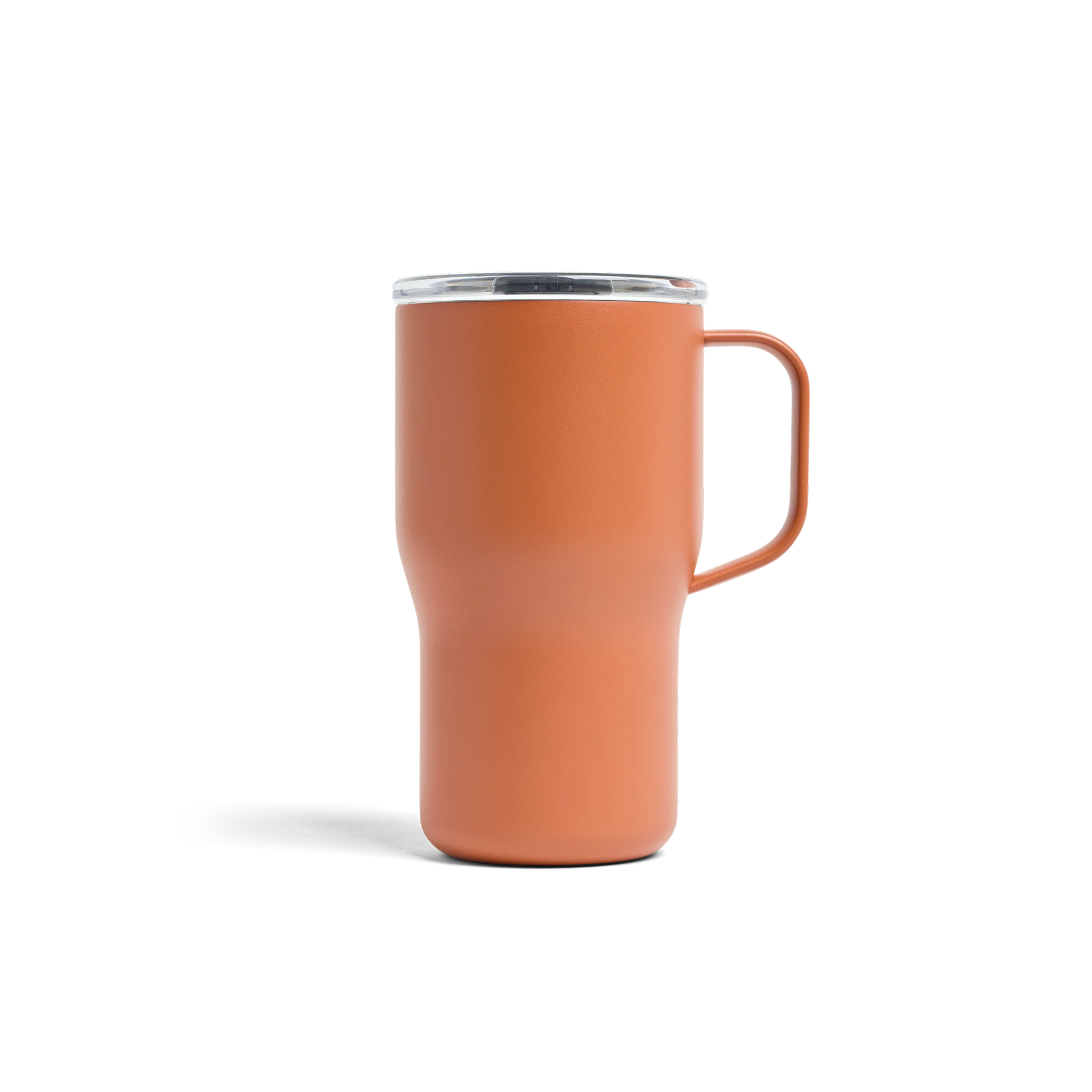 Orange mug with a handle on a white background