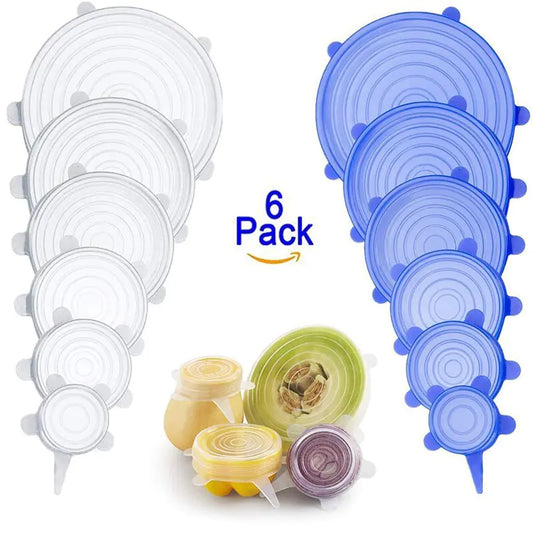 Set of silicone stretch lids in clear, blue, and green with a 6-pack label.