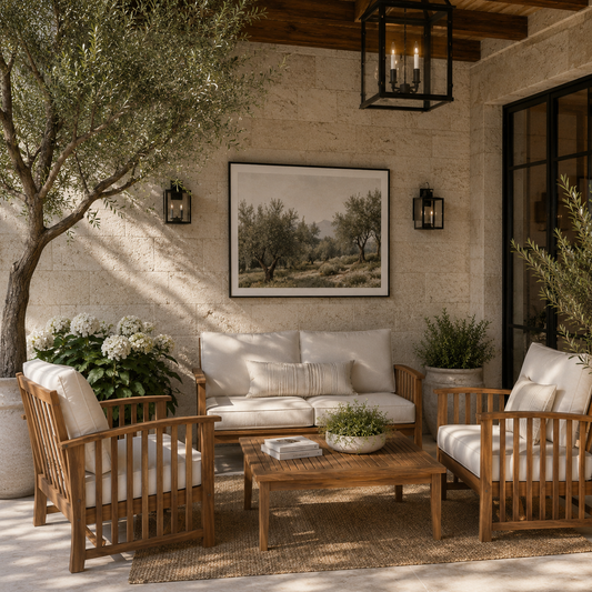 Outdoor patio with wooden furniture, white cushions, and a tree in the background.