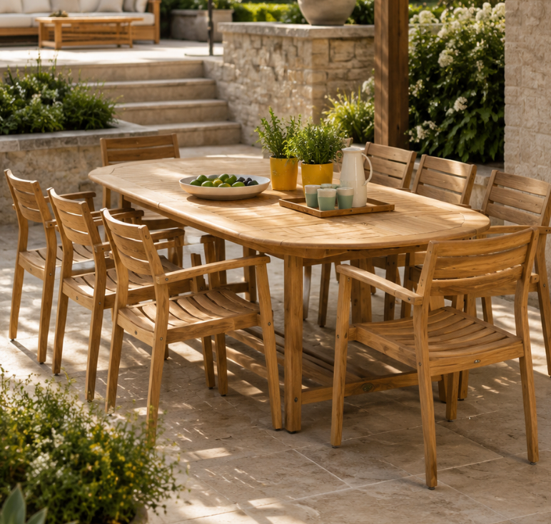 Wooden outdoor dining set with table and chairs on a patio