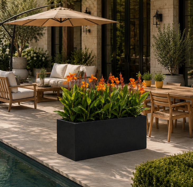 Outdoor patio area with furniture, umbrella, and potted plants by a pool.