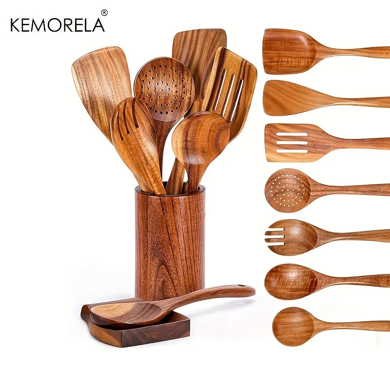 Set of wooden kitchen utensils including spoons, spatulas, and a ladle in a holder with KEMORELA branding.