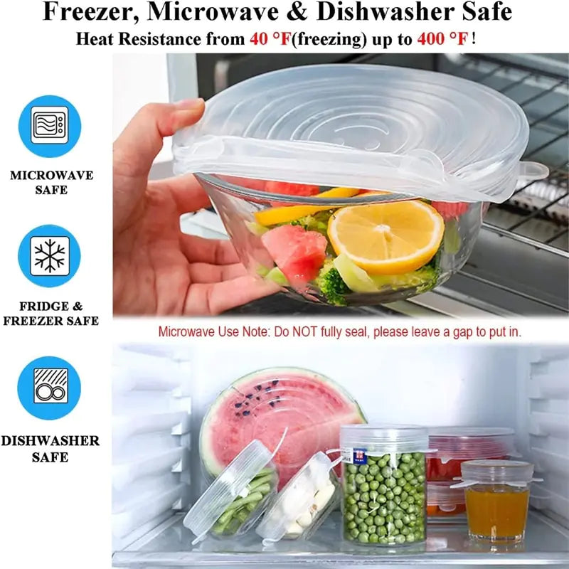 Glass container with lid being held above a refrigerator with food items inside, emphasizing safety for freezer, microwave, and dishwasher use.