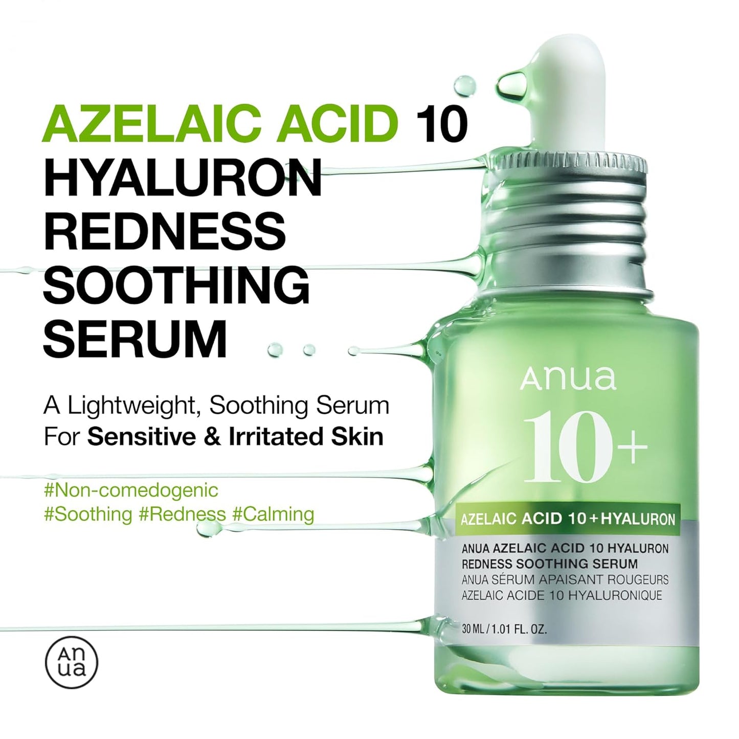 Anua Azelaic Acid 10% Redness Soothing Serum bottle with hyaluronic acid, 30ml clean skincare treatment for sensitive skin